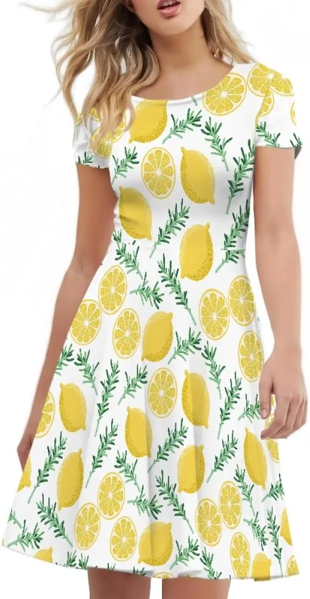 ENLACHIC Women's Summer Floral Lemon Print Dress Short Sleeve Swing T Shirt Midi Dresses