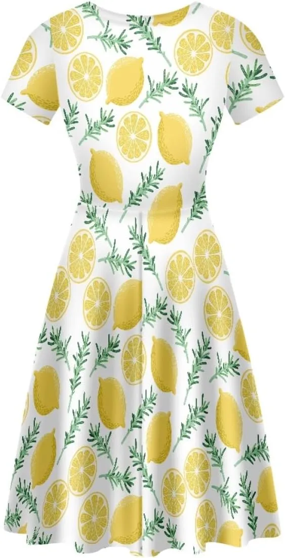 ENLACHIC Women's Summer Floral Lemon Print Dress Short Sleeve Swing T Shirt Midi Dresses