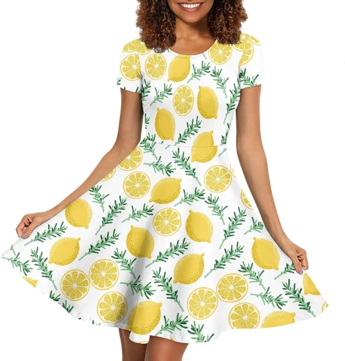 ENLACHIC Women's Summer Floral Lemon Print Dress Short Sleeve Swing T Shirt Midi Dresses