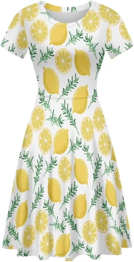 ENLACHIC Women's Summer Floral Lemon Print Dress Short Sleeve Swing T Shirt Midi Dresses