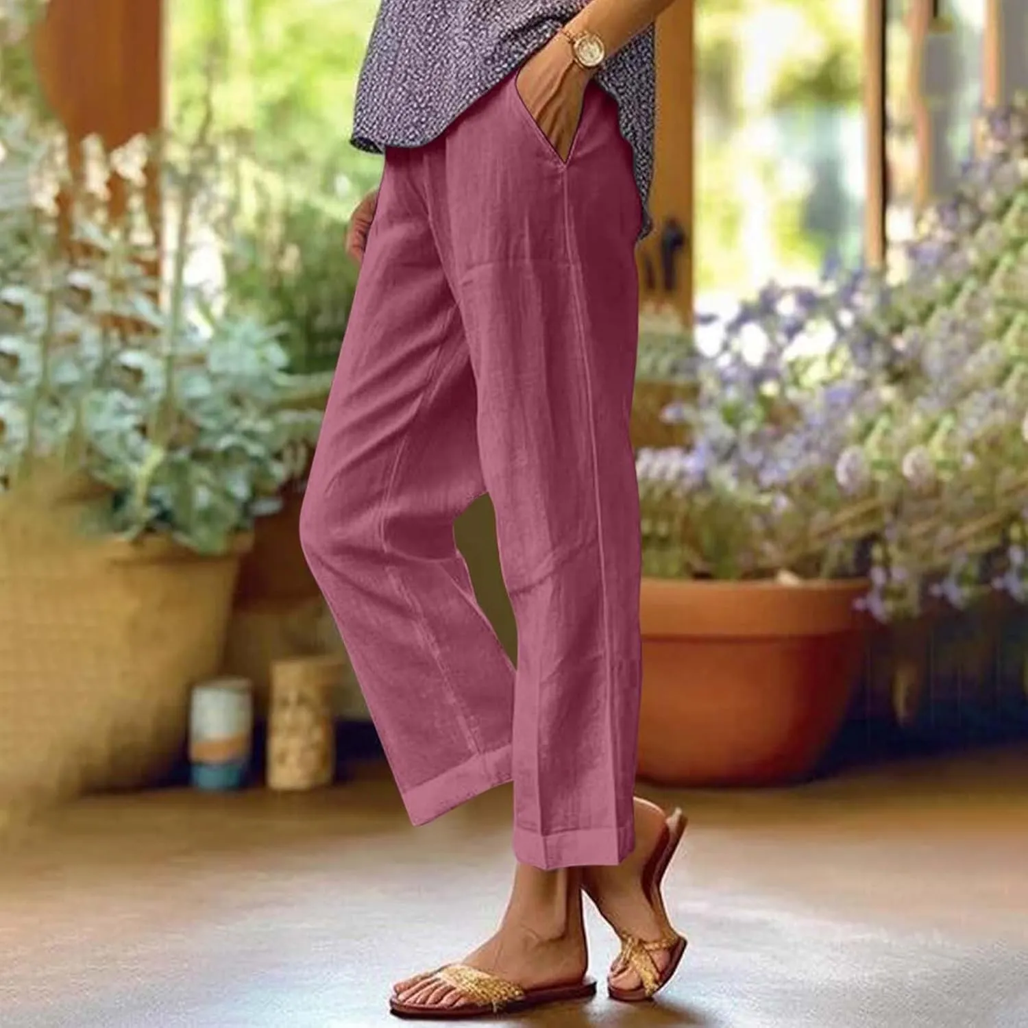 eoeioa High Waisted Linen Pants Women Summer Baggy Stretchy Palazzo Pants Lightweight Casual Pants Boho Beach Pants w/Pockets