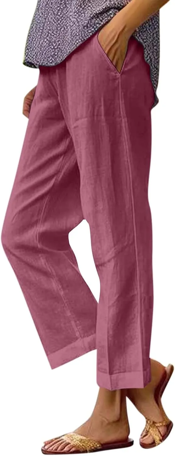eoeioa High Waisted Linen Pants Women Summer Baggy Stretchy Palazzo Pants Lightweight Casual Pants Boho Beach Pants w/Pockets