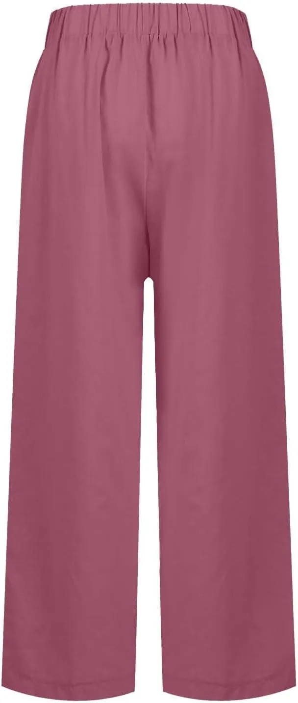 eoeioa High Waisted Linen Pants Women Summer Baggy Stretchy Palazzo Pants Lightweight Casual Pants Boho Beach Pants w/Pockets