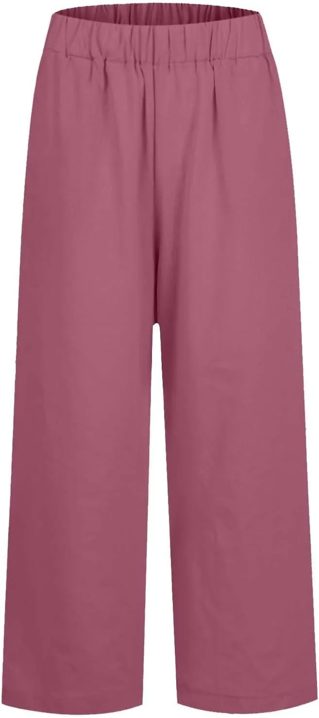 eoeioa High Waisted Linen Pants Women Summer Baggy Stretchy Palazzo Pants Lightweight Casual Pants Boho Beach Pants w/Pockets
