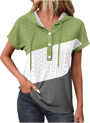 Eyelet Tops for Women 2025 Trendy Summer Hoodies Short Sleeve Button Up Casual Loose Fit Embroidery Shirts Blouses