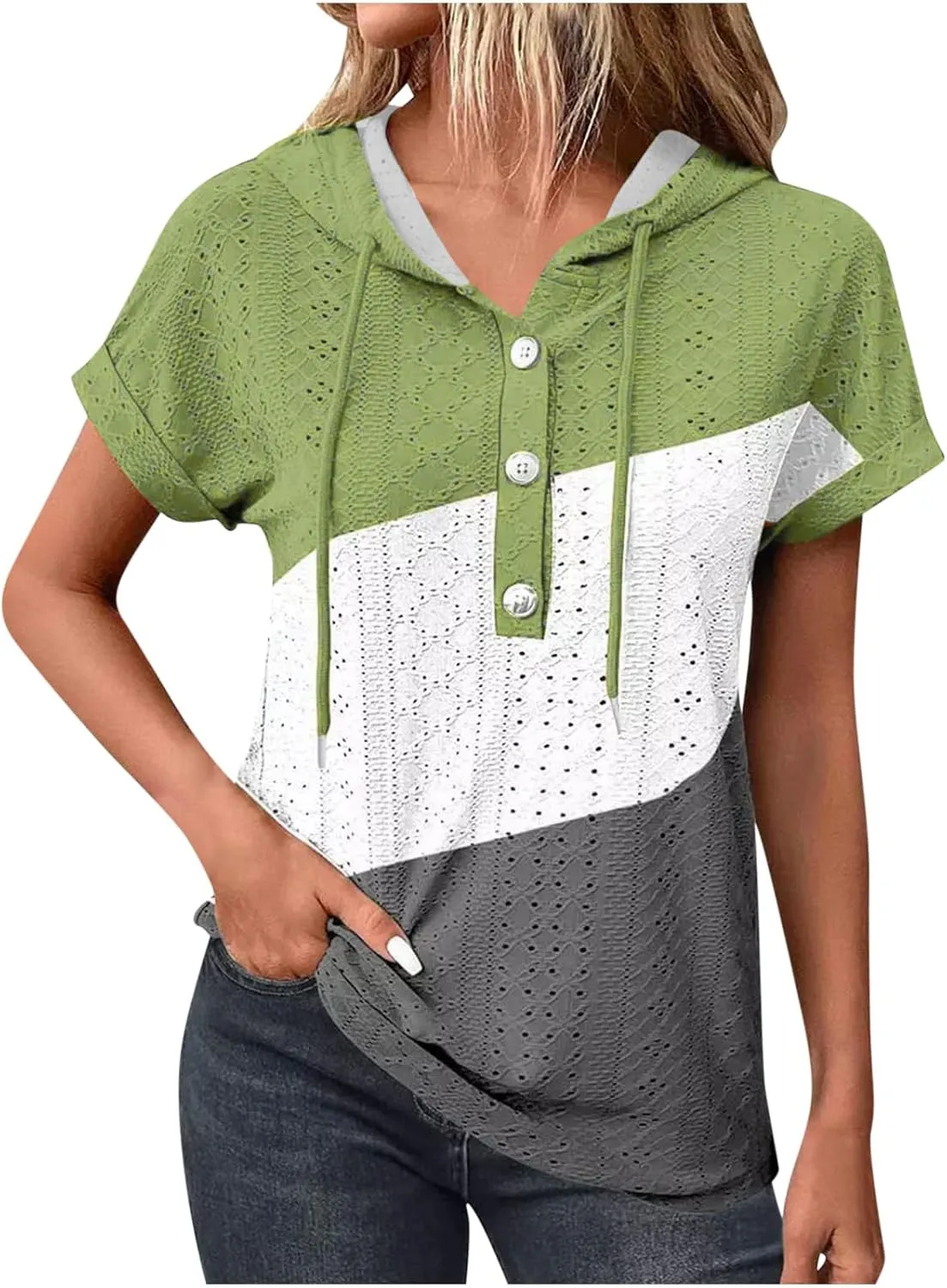 Eyelet Tops for Women 2025 Trendy Summer Hoodies Short Sleeve Button Up Casual Loose Fit Embroidery Shirts Blouses