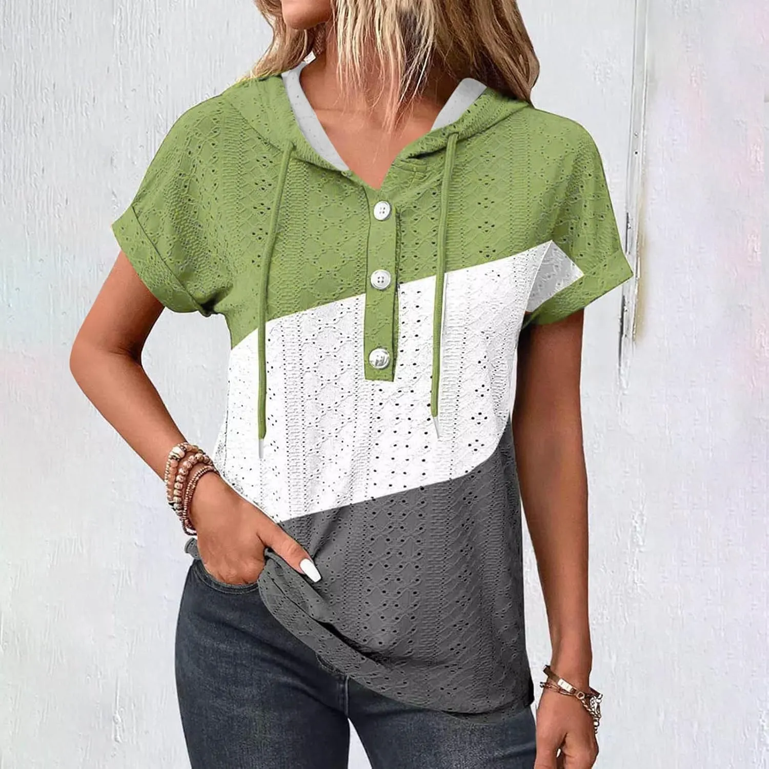 Eyelet Tops for Women 2025 Trendy Summer Hoodies Short Sleeve Button Up Casual Loose Fit Embroidery Shirts Blouses
