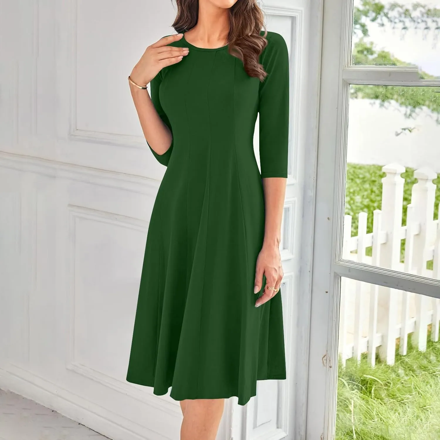 Fall Dresses for Women 2024 Casual A Line 3/4 Sleeve Crew Neck Flowy Pleated Midi Tshirt Dress with Pockets