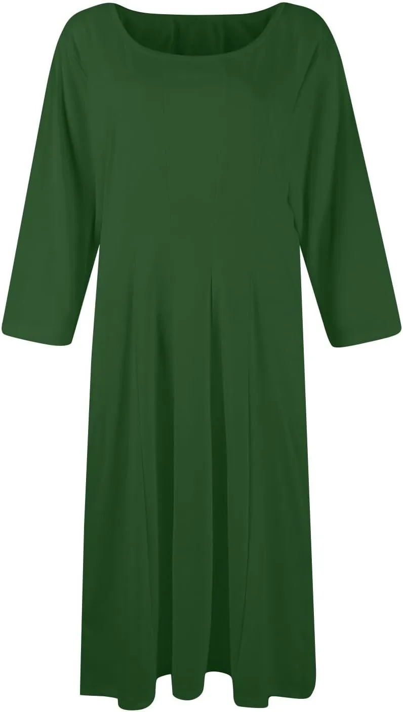 Fall Dresses for Women 2024 Casual A Line 3/4 Sleeve Crew Neck Flowy Pleated Midi Tshirt Dress with Pockets