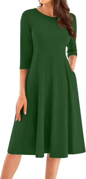 Fall Dresses for Women 2024 Casual A Line 3/4 Sleeve Crew Neck Flowy Pleated Midi Tshirt Dress with Pockets