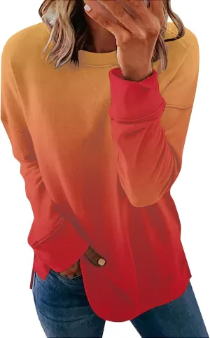 Fall Neon Gradient Women Sweat Shirts Casual Crew Neck Sweatshirts Loose Oversized Long Sleeve Pullover Tops