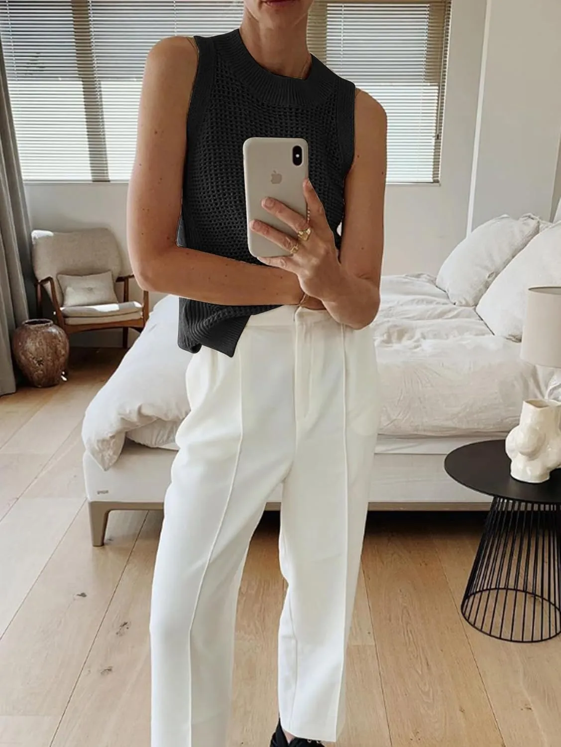 Famulily Women's Summer Knit Tank Top Sleeveless Hollow Out Tops Round Neck Crochet Knitted Cami Shirts