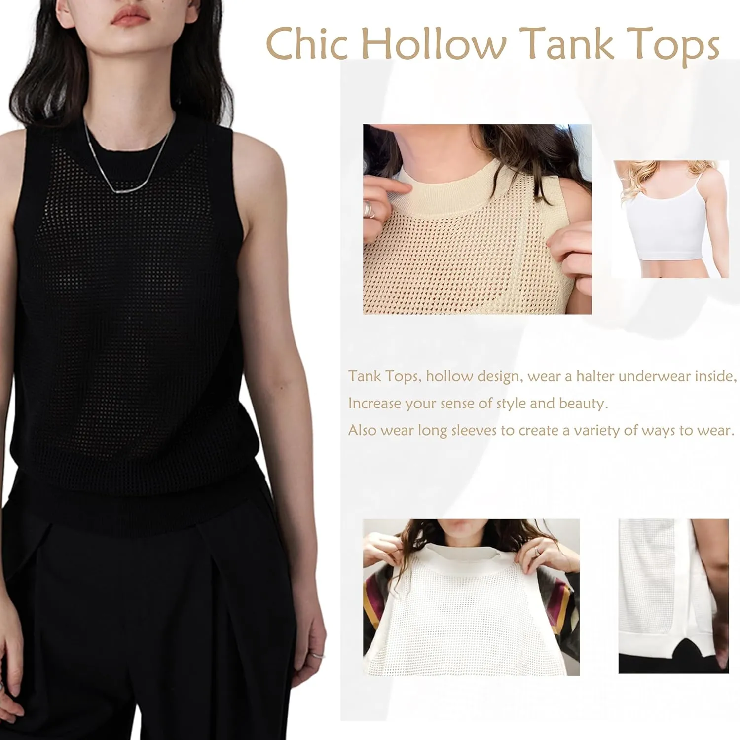 Famulily Women's Summer Knit Tank Top Sleeveless Hollow Out Tops Round Neck Crochet Knitted Cami Shirts