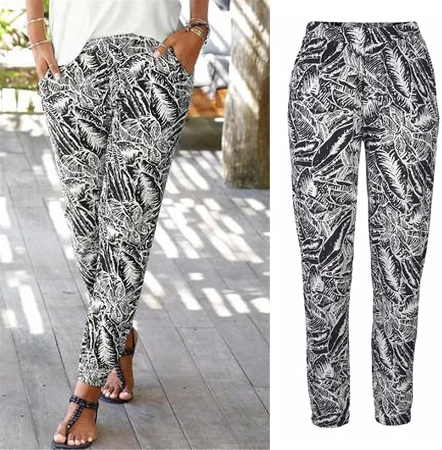FarJing Women's Boho Palazzo Pants Casual Comfy High Waist Print Stretch Beach Trousers Lounge Pants Wide Leg