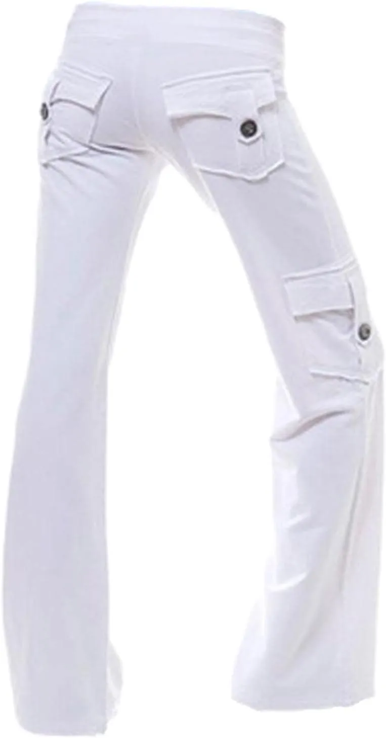 fartey Cargo Pants Women Drawstring High Waist Wide Leg Yoga Pants Baggy Bootcut Workout Gym Trousers with Button Pockets