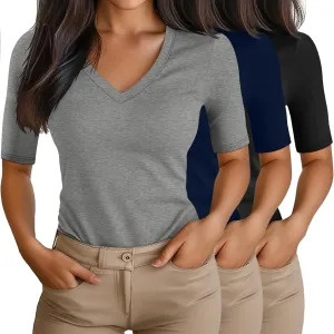 Ficerd 3 Pack Women's Half Sleeve V Neck T Shirts, Cotton Elbow Length Sleeve Shirt Slim Fit Tunic Top Casual Summer Tee