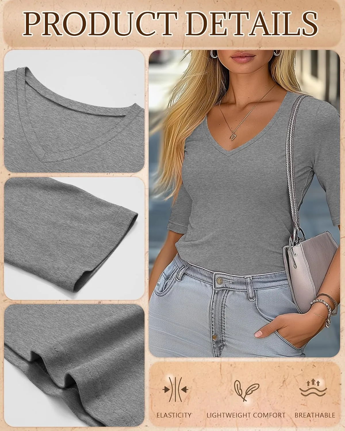 Ficerd 3 Pack Women's Half Sleeve V Neck T Shirts, Cotton Elbow Length Sleeve Shirt Slim Fit Tunic Top Casual Summer Tee