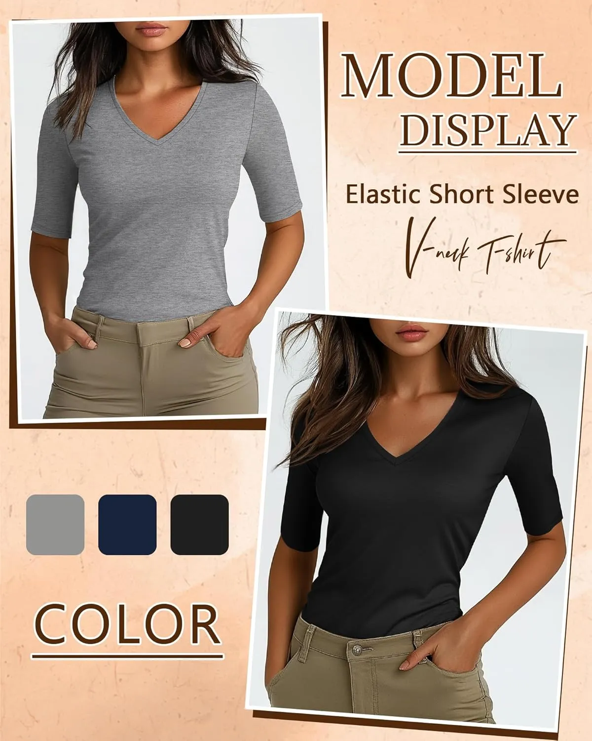 Ficerd 3 Pack Women's Half Sleeve V Neck T Shirts, Cotton Elbow Length Sleeve Shirt Slim Fit Tunic Top Casual Summer Tee