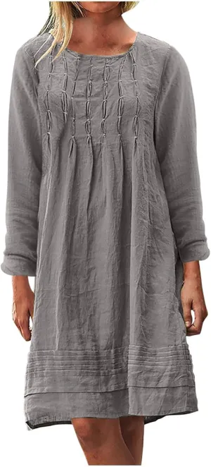 Finelylove Womens Summer Cotton Linen Dresses Short Flowy Beach Dress Long Sleeve Ruffled Shift Dress Casual Loose Sundress