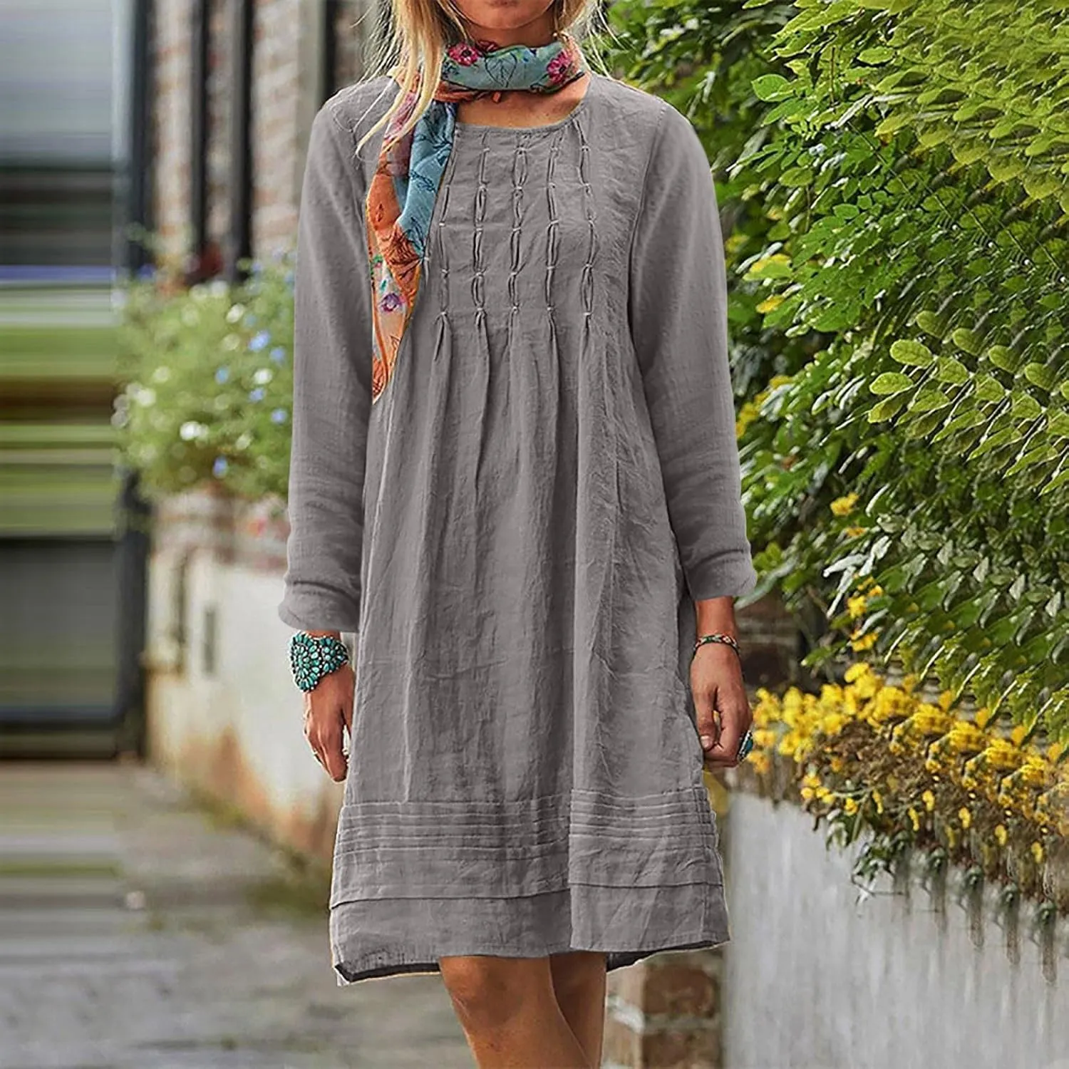 Finelylove Womens Summer Cotton Linen Dresses Short Flowy Beach Dress Long Sleeve Ruffled Shift Dress Casual Loose Sundress