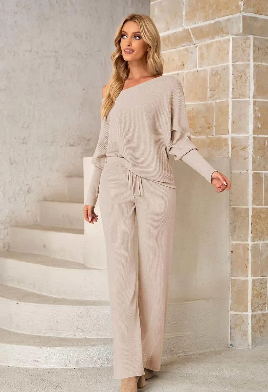 Fixmatti Womens Knitted Outfits 2 Pieces Sweatsuit High Neck Sweater Wide Leg Pant Set
