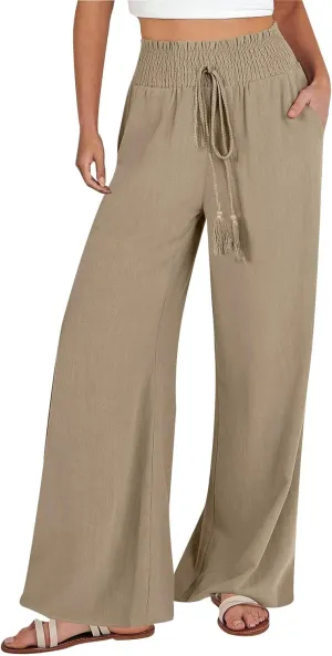 Flare Cropped Dress Pants for Women Casual Summer Wide Leg Linen Sports Trousers with Pockets HIgh Waist Vacation Pants