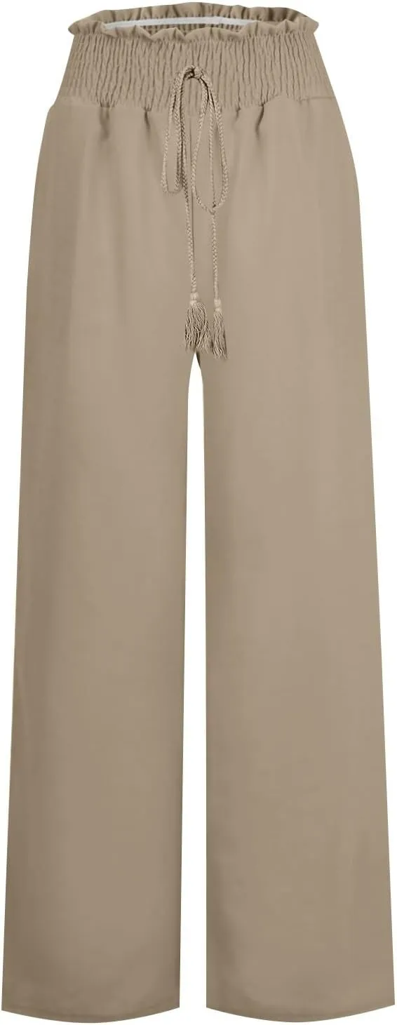 Flare Cropped Dress Pants for Women Casual Summer Wide Leg Linen Sports Trousers with Pockets HIgh Waist Vacation Pants