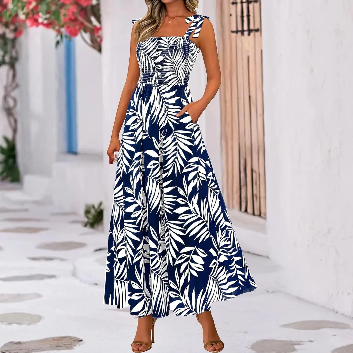 Floral Maxi Dress Summer Boho Beach Vacation Tie Strap Smocked Empire Waist Long Fit and Flare Dress with Pockets