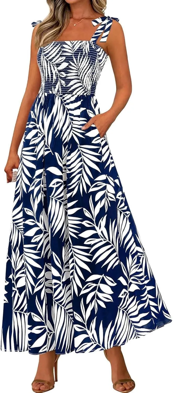 Floral Maxi Dress Summer Boho Beach Vacation Tie Strap Smocked Empire Waist Long Fit and Flare Dress with Pockets
