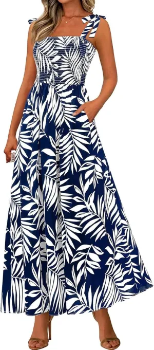 Floral Maxi Dress Summer Boho Beach Vacation Tie Strap Smocked Empire Waist Long Fit and Flare Dress with Pockets