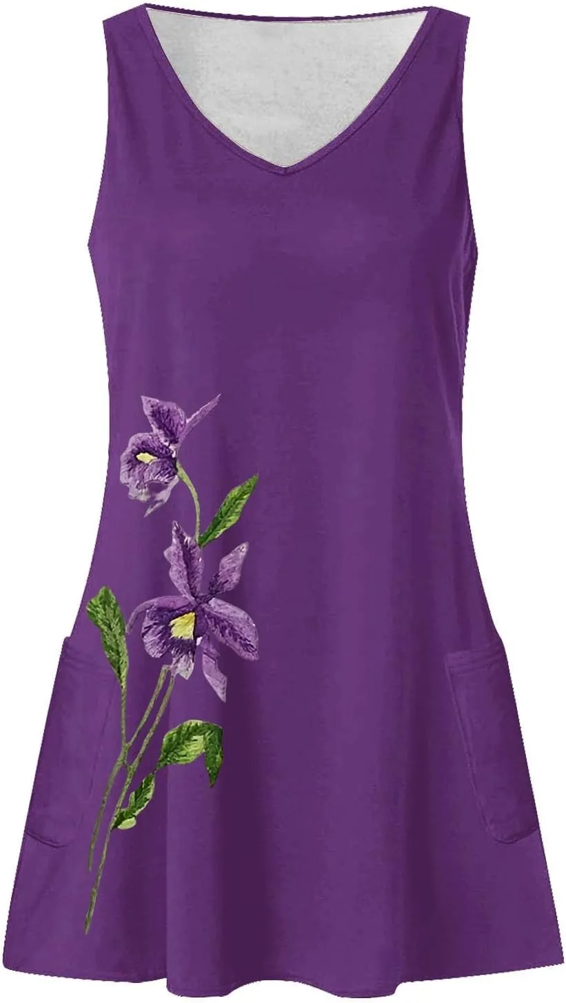 Floral Print Dresses for Women - Casual V-Neck Sundresses, Vintage Sleeveless Tshirt Dresses,Summer Beachwear 2025