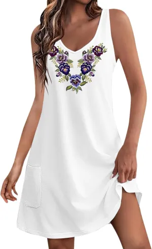 Floral Print Dresses for Women - Casual V-Neck Sundresses, Vintage Sleeveless Tshirt Dresses,Summer Beachwear 2025