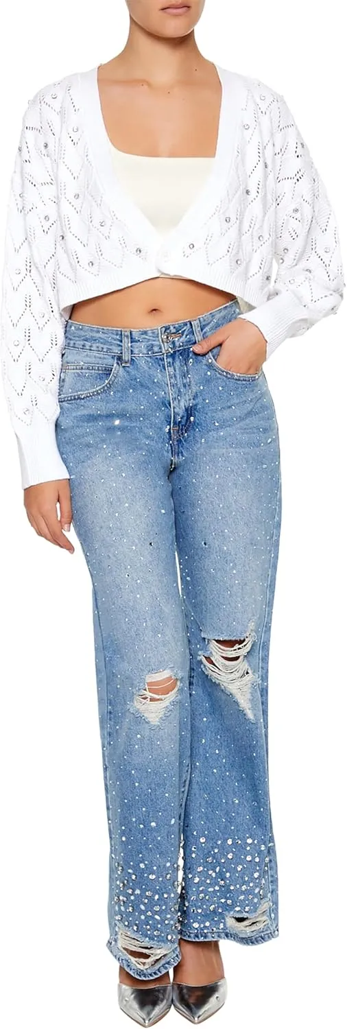 Forever 21 Women's Faux Gem Cropped Cardigan Sweater