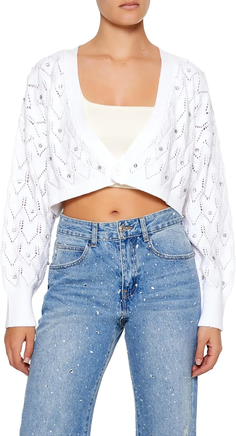 Forever 21 Women's Faux Gem Cropped Cardigan Sweater