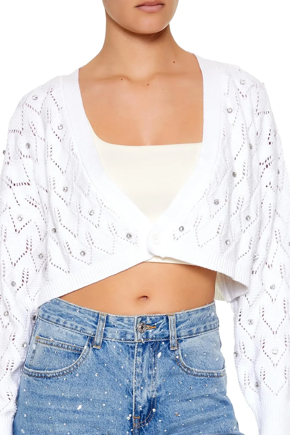 Forever 21 Women's Faux Gem Cropped Cardigan Sweater