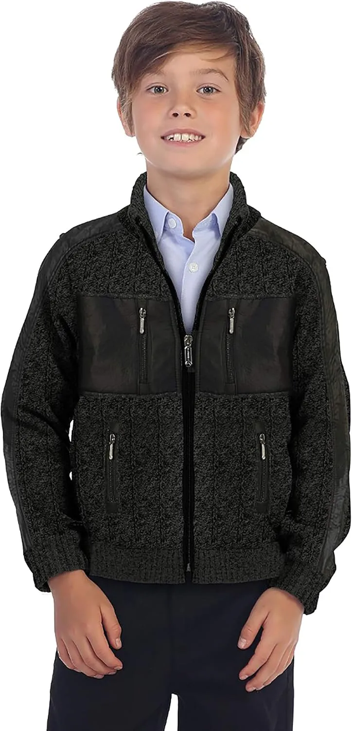 Gioberti Kids and Boys Full Zip Cardigan Patch Design Sweater with Brushed Flannel Lining