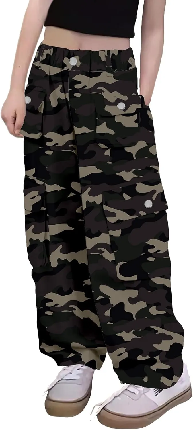 Girl's Elastic High Waist Cargo Pants Wide Leg Trousers with Flap Pocket, 3-14 Years