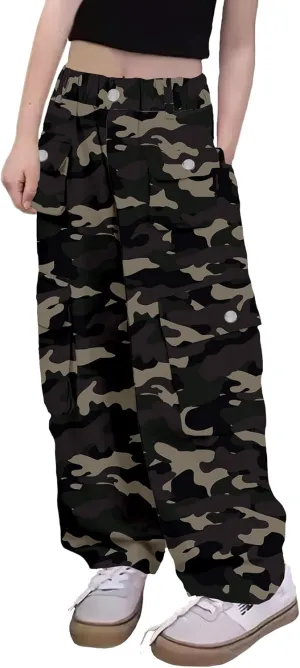 Girl's Elastic High Waist Cargo Pants Wide Leg Trousers with Flap Pocket, 3-14 Years