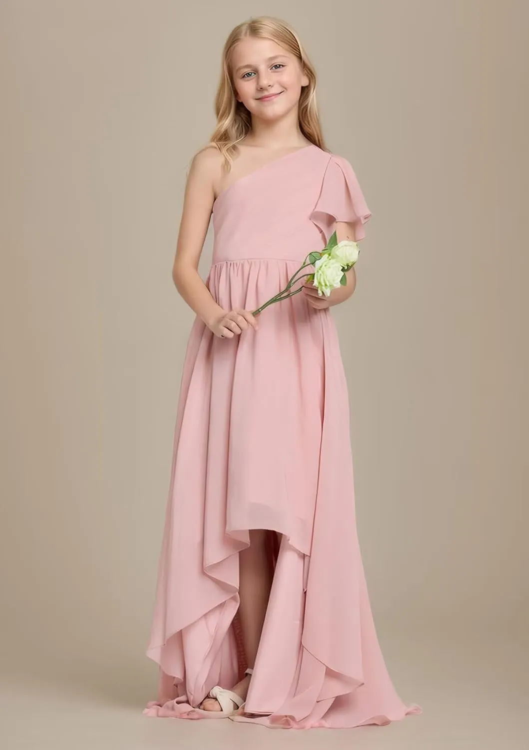 Girls Junior Bridesmaid Dress One-Shoulder Flower Girl Dresses Kids Asymmetrical Wedding Prom Party Gowns