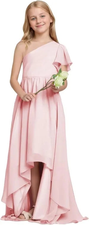 Girls Junior Bridesmaid Dress One-Shoulder Flower Girl Dresses Kids Asymmetrical Wedding Prom Party Gowns