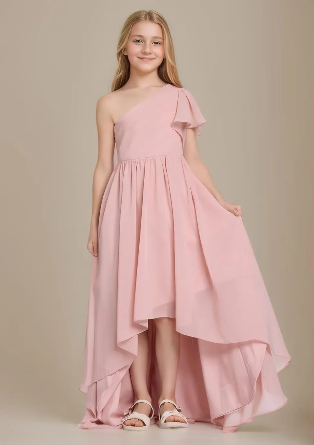 Girls Junior Bridesmaid Dress One-Shoulder Flower Girl Dresses Kids Asymmetrical Wedding Prom Party Gowns