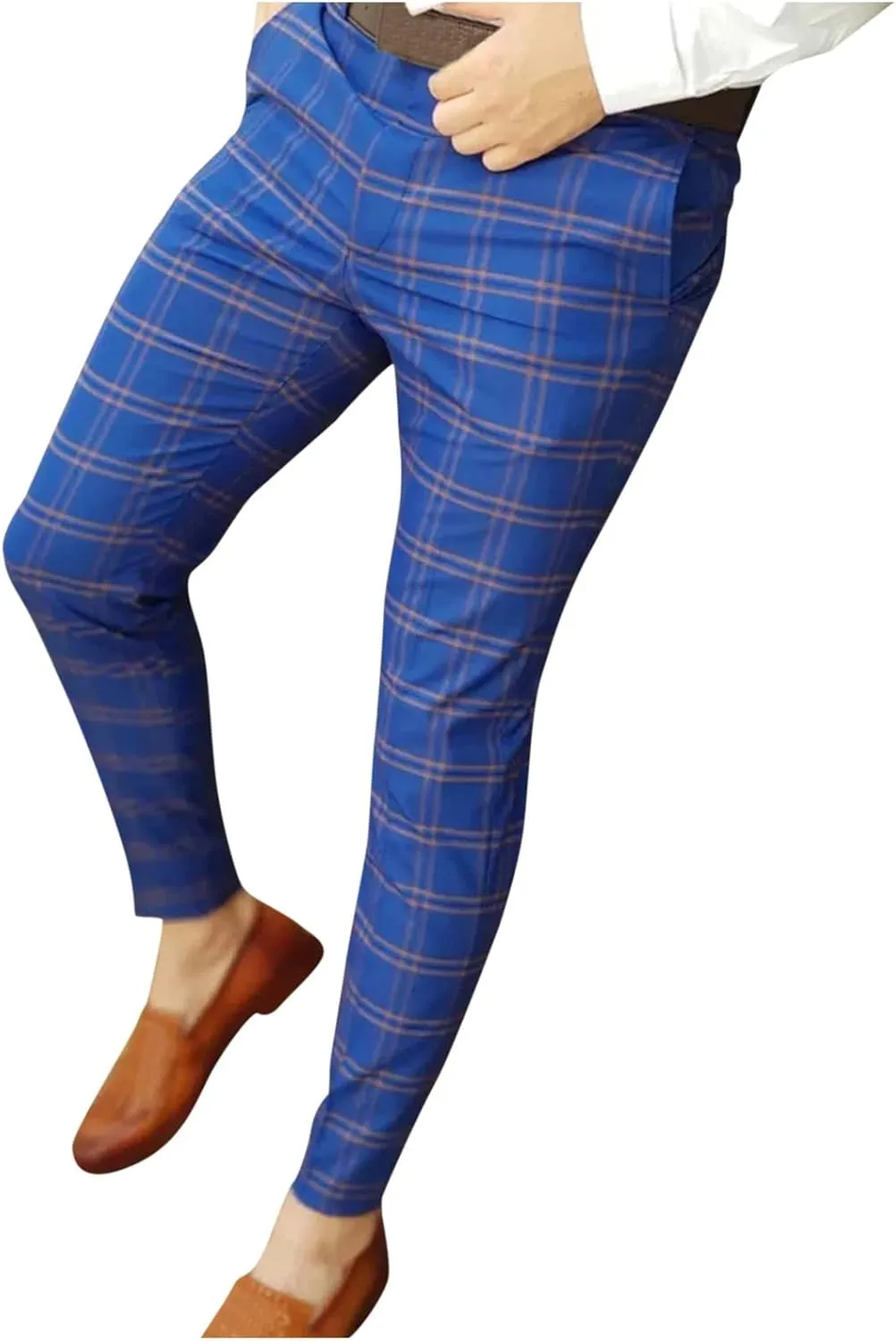 GOKKILRW Mens Chinos Slim Fit Stretch Plaid Flat-Front Skinny Dress Pants Business Work Pencil Lounge Pants