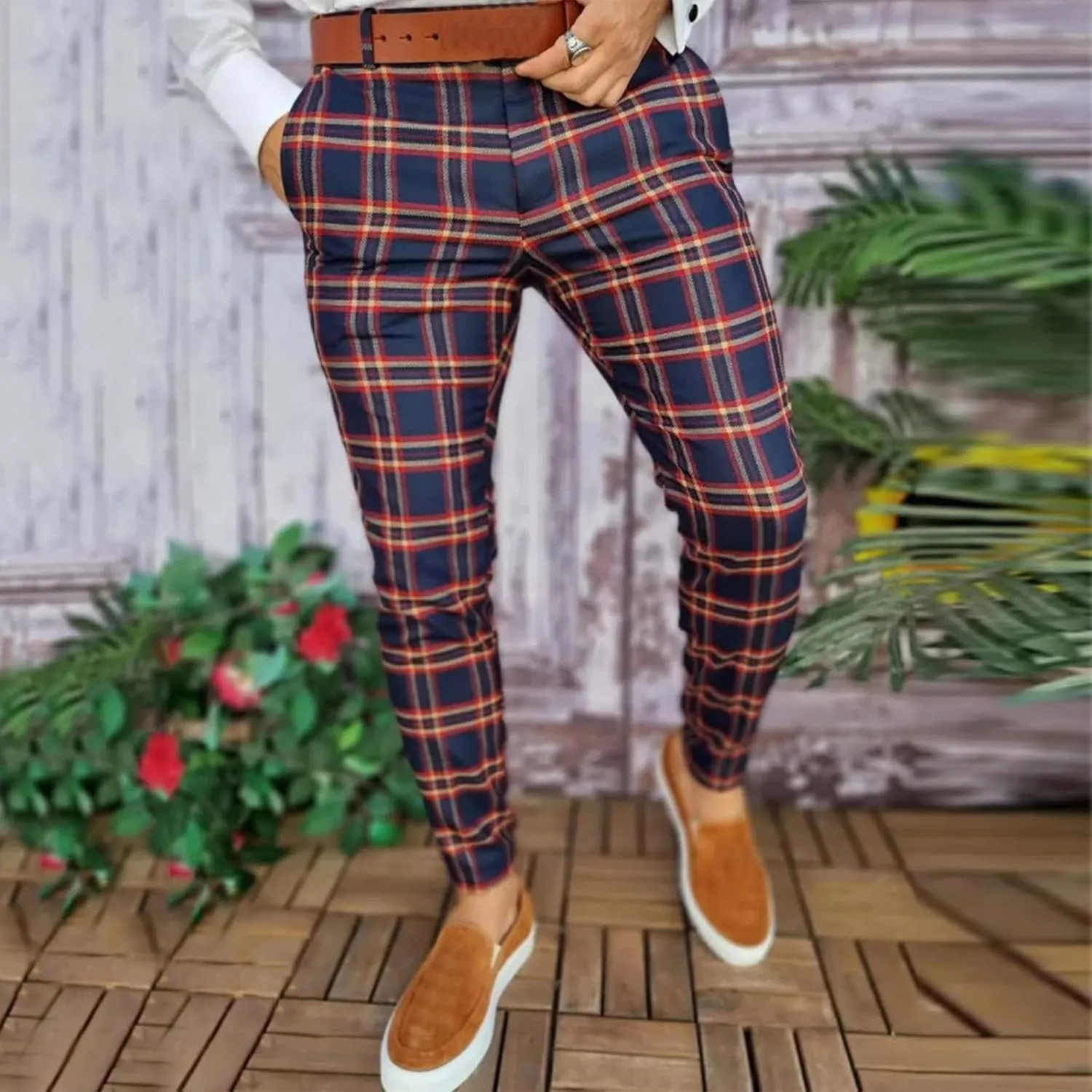 GOKKILRW Mens Chinos Slim Fit Stretch Plaid Flat-Front Skinny Dress Pants Business Work Pencil Lounge Pants