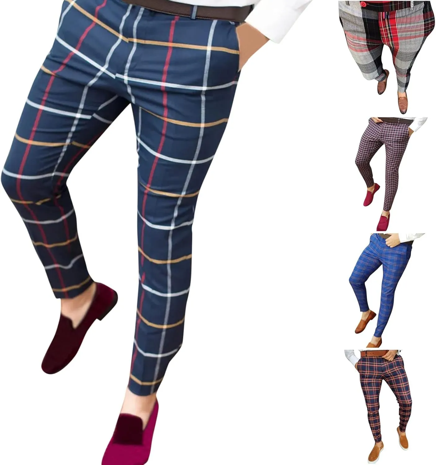 GOKKILRW Mens Chinos Slim Fit Stretch Plaid Flat-Front Skinny Dress Pants Business Work Pencil Lounge Pants