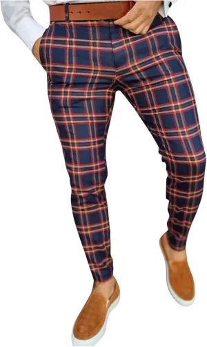 GOKKILRW Mens Chinos Slim Fit Stretch Plaid Flat-Front Skinny Dress Pants Business Work Pencil Lounge Pants