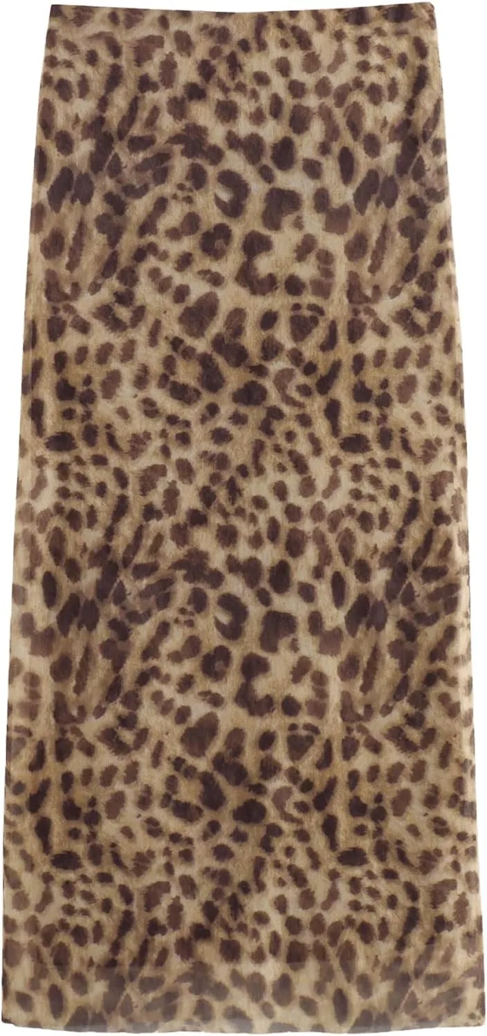 GORGLITTER Women's Cheetah Animal Print Mesh Long Skirts Y2k Leopard Bodycon Maxi Skirt Trendy Fall