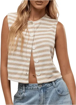 GORGLITTER Women's Striped Button Down Knitted Vest Crew Neck Sleeveless Cropped Sweater Vests