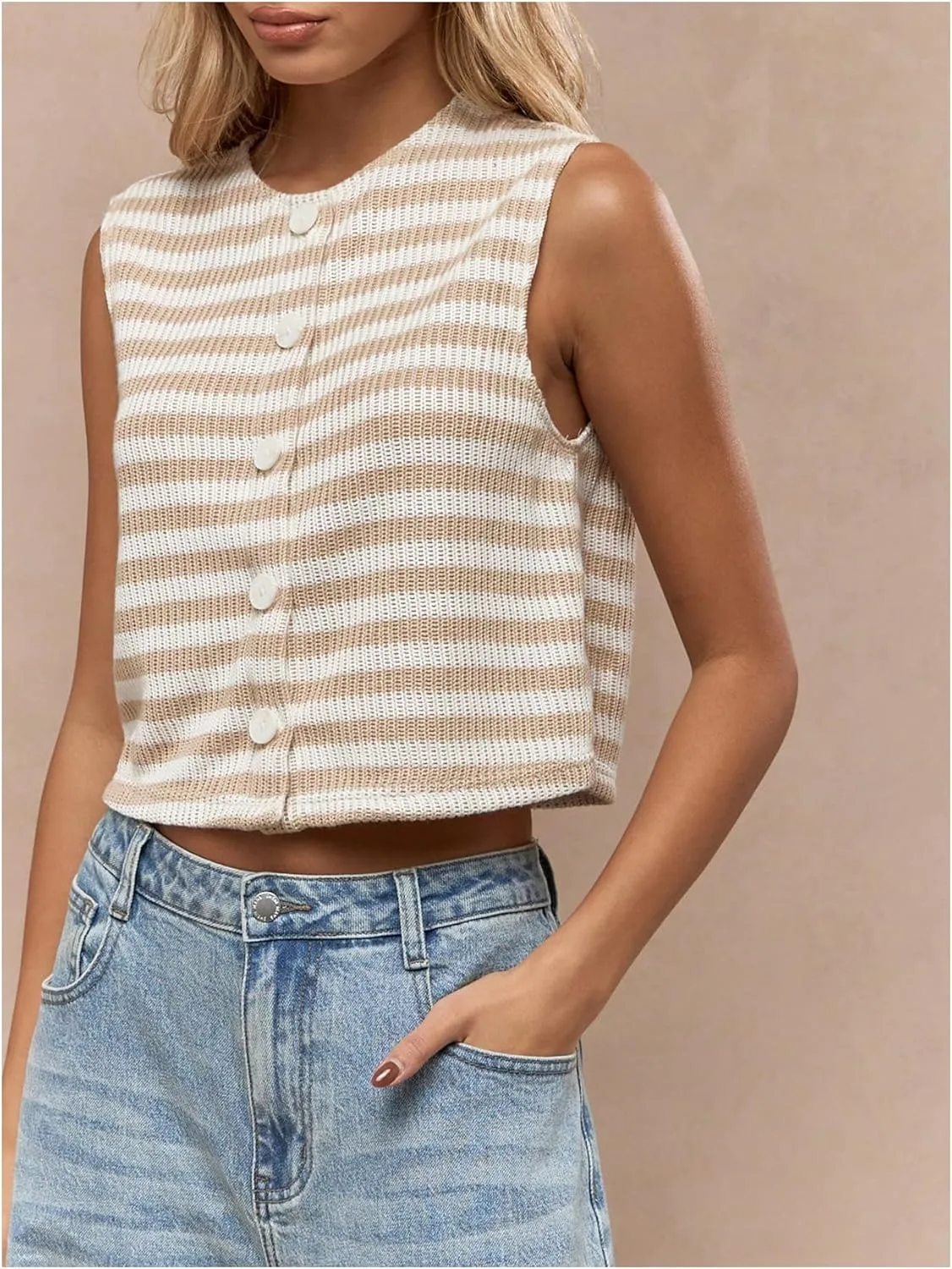GORGLITTER Women's Striped Button Down Knitted Vest Crew Neck Sleeveless Cropped Sweater Vests