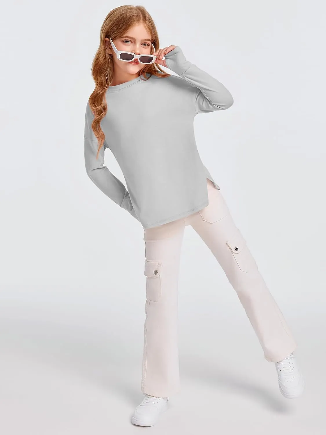 Haloumoning Girls Athletic Shirts Long Sleeve Active Quick Dry Tops Kids Gym Yoga Tees with Thumb Holes 5-14 Years