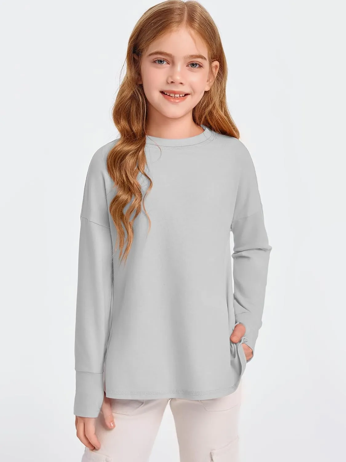 Haloumoning Girls Athletic Shirts Long Sleeve Active Quick Dry Tops Kids Gym Yoga Tees with Thumb Holes 5-14 Years
